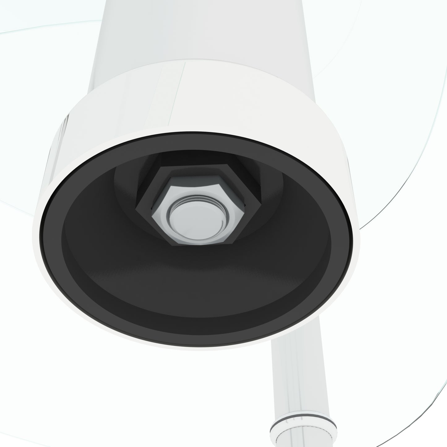 Closeup of a white ceiling fan motor housing with a visible hex bolt and black trim accent