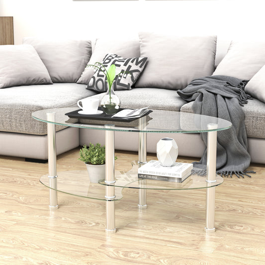 Oval glass coffee table with chrome legs and two tiers perfect for living rooms