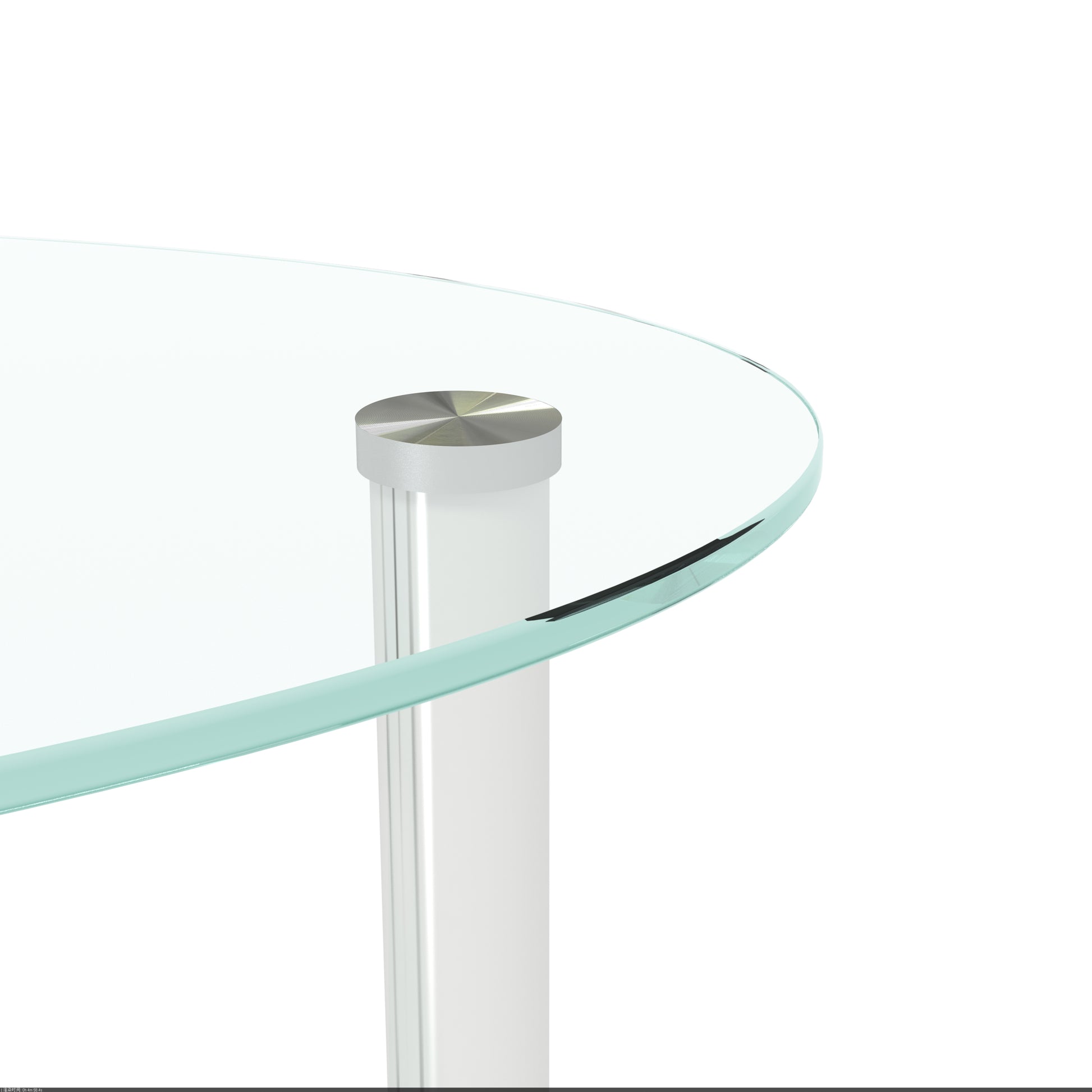 Closeup of a sleek glass coffee table with a brushed aluminum support