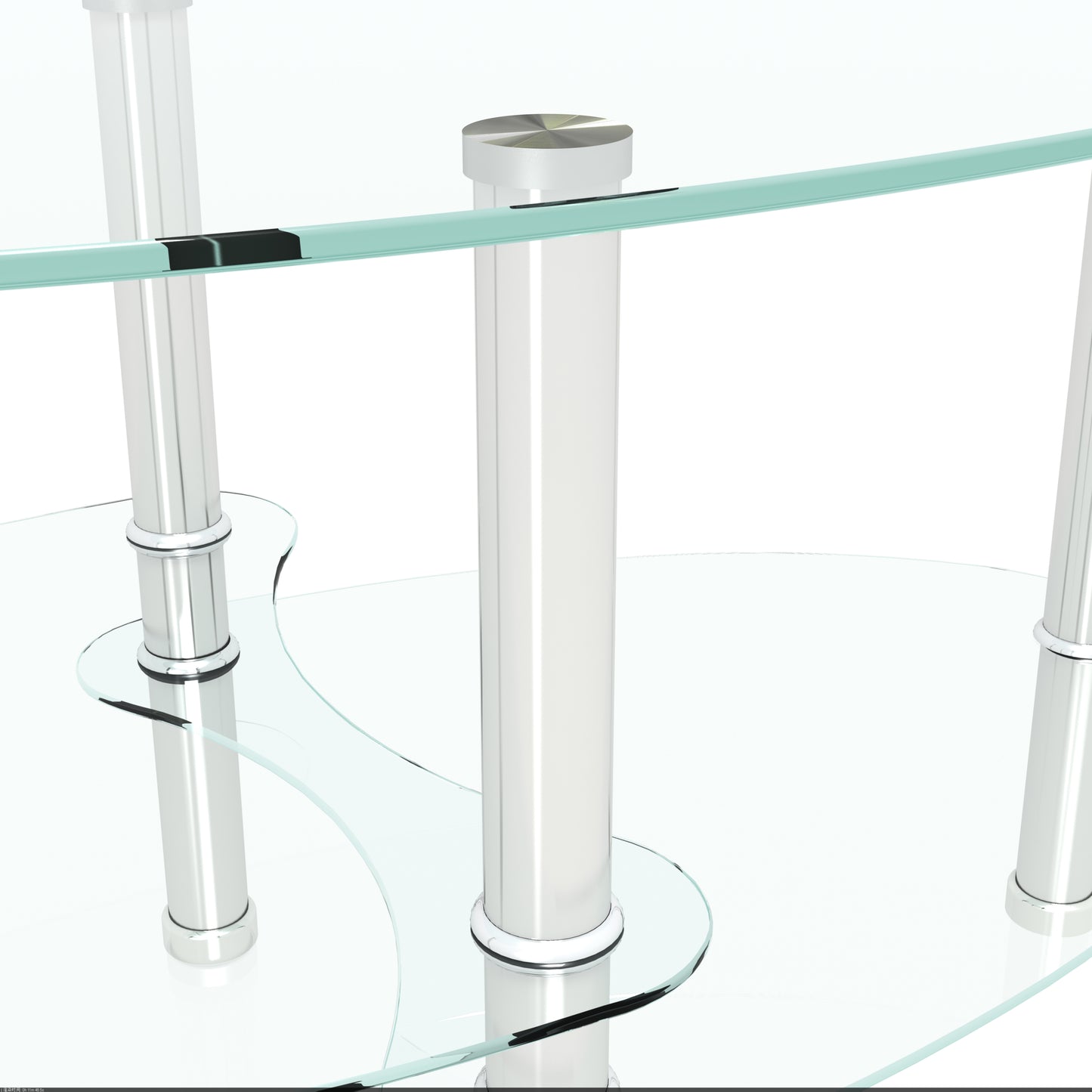 Modern glass coffee table with chrome legs and curved clear glass top