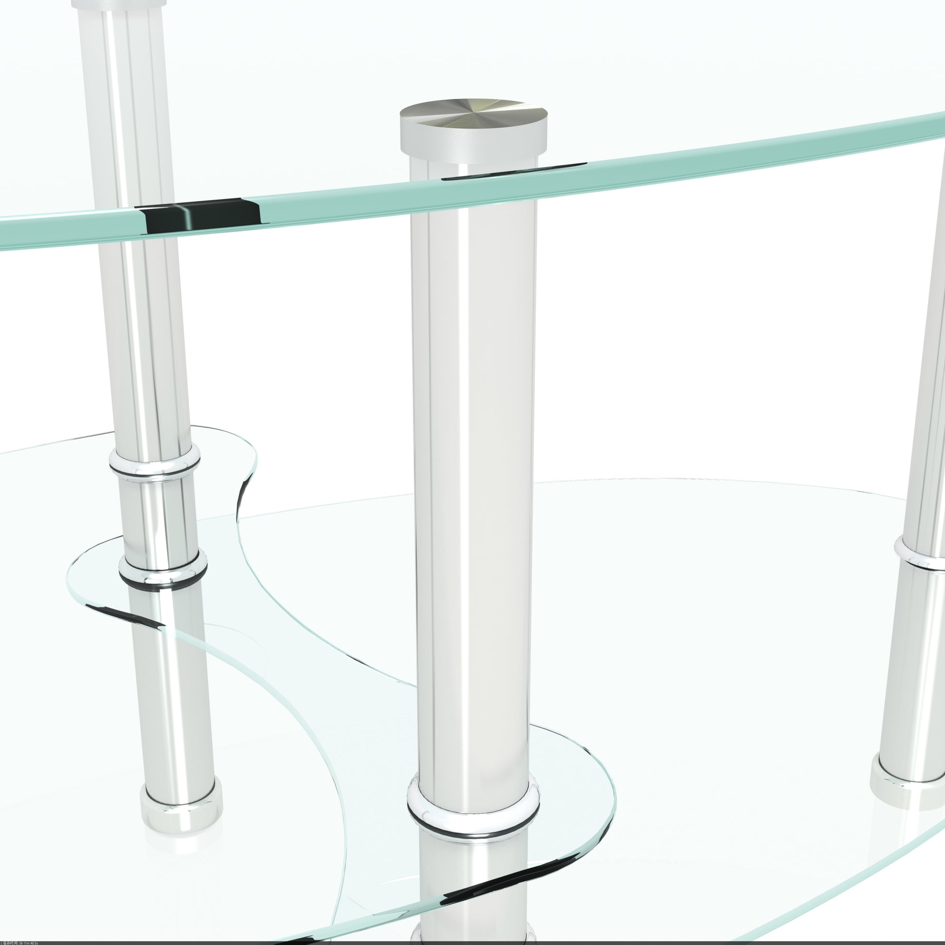 Modern glass coffee table with chrome legs and curved clear glass top