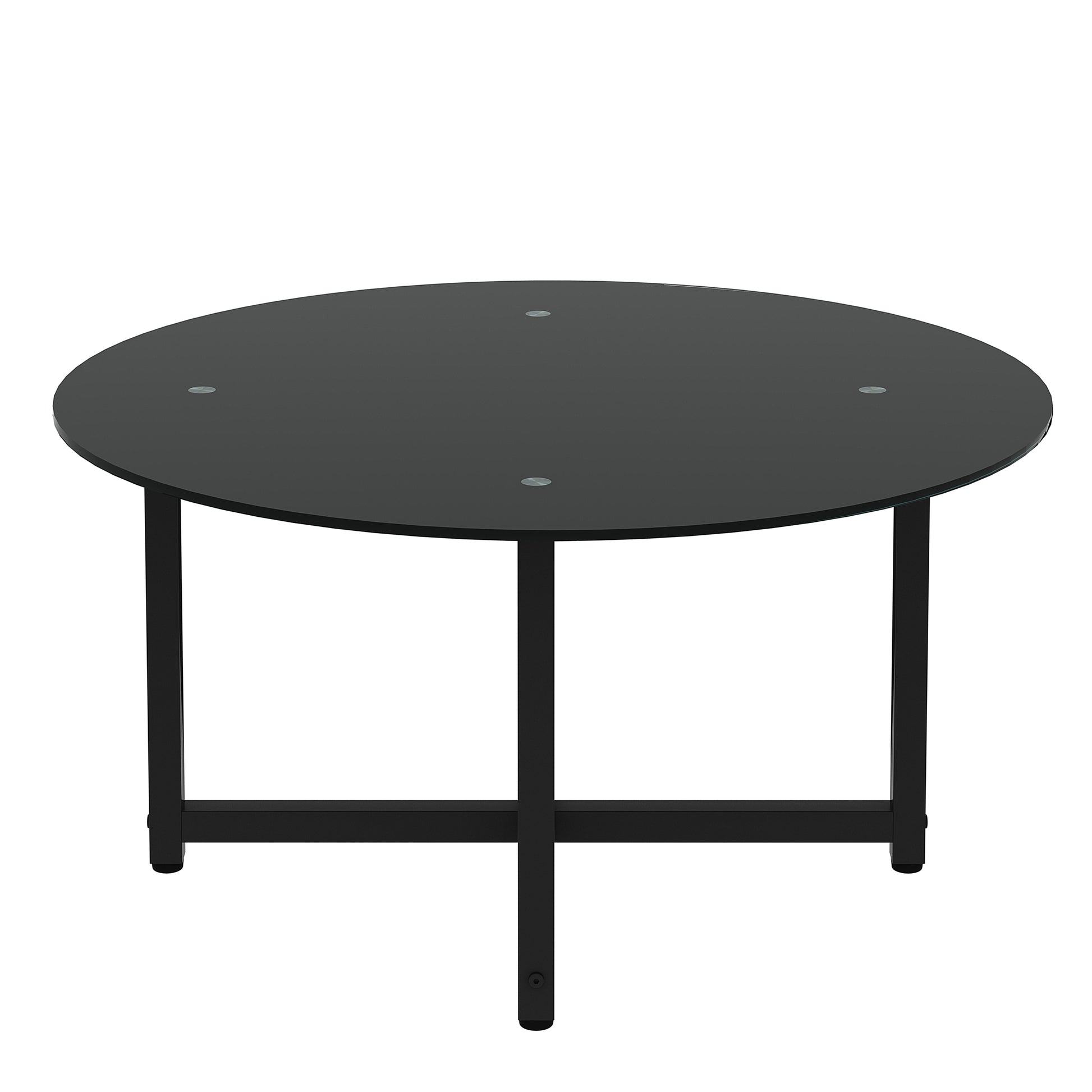 Sleek black glass round coffee table with black metal legs perfect for modern living rooms