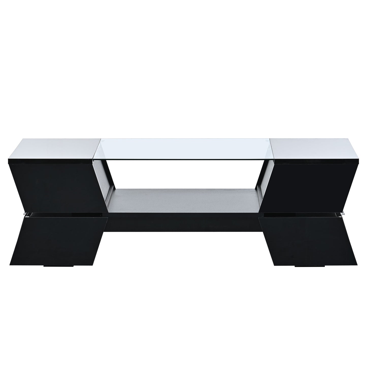 Sleek black and white modern TV stand with glass top and open shelving