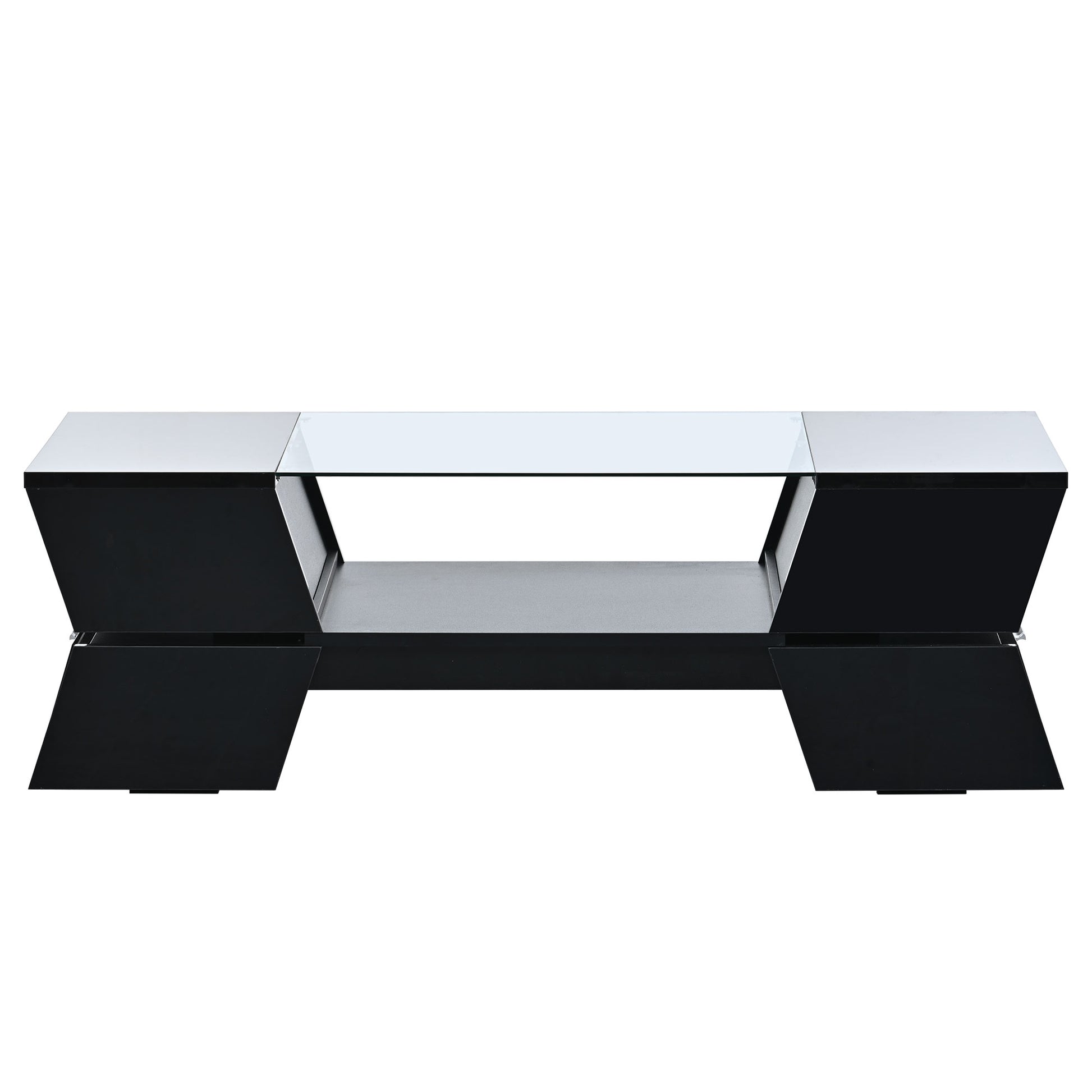 Sleek black and white modern TV stand with glass top and open shelving