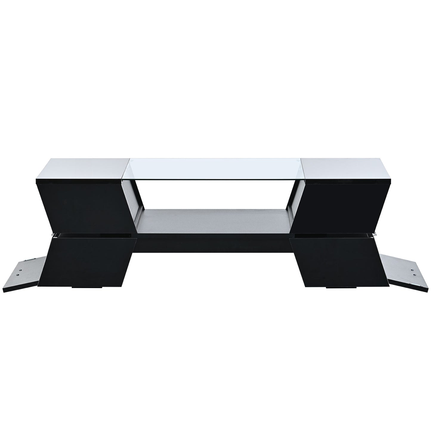 Modern black entertainment center with glass top and open shelving