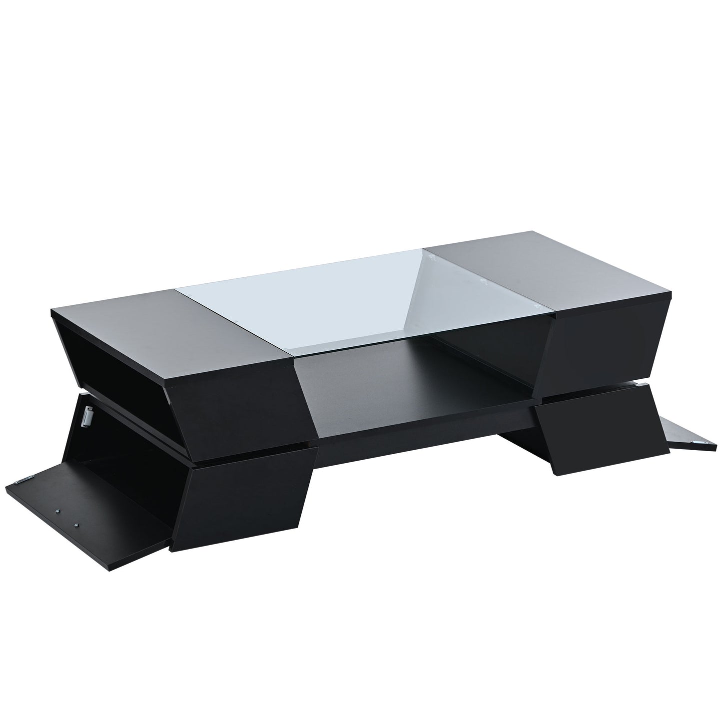 Modern black coffee table with clear glass inlay and open storage compartments