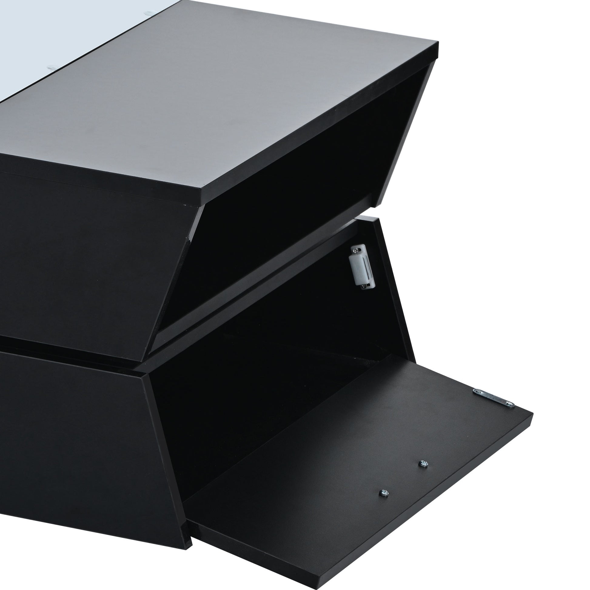 Modern black storage cabinet with two open compartments revealing sleek interiors