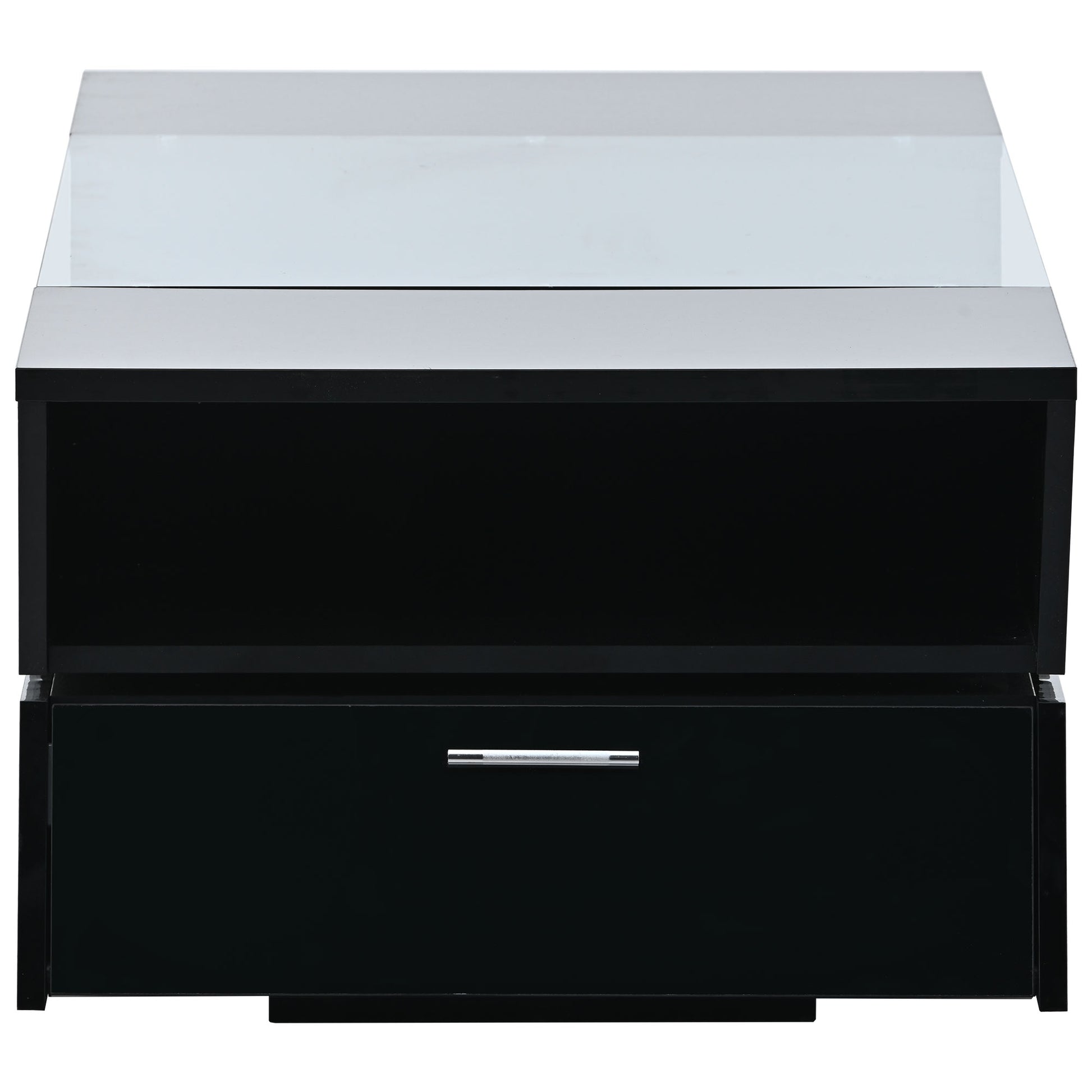 Sleek black nightstand with mirrored top and one drawer perfect for modern bedrooms