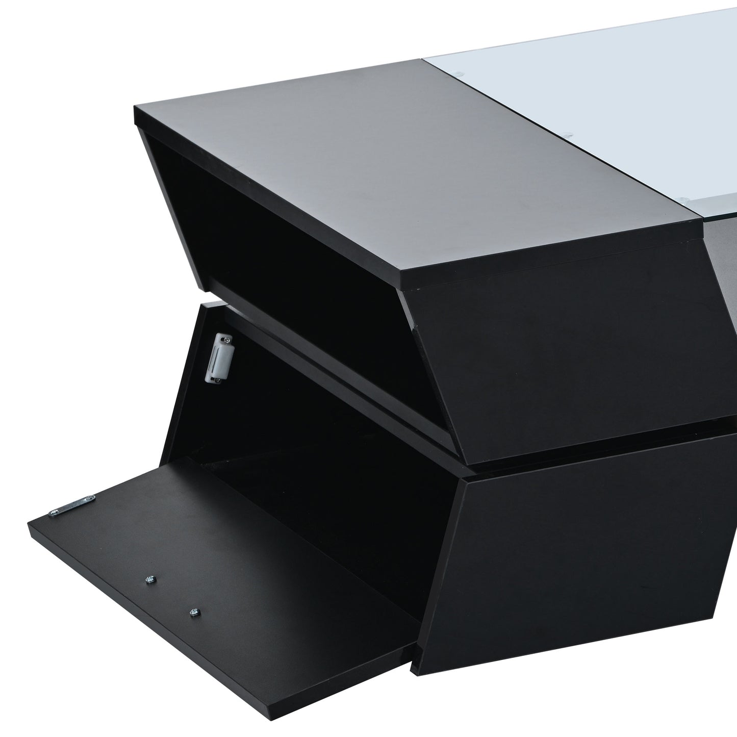 Modern black coffee table with geometric design and glass top