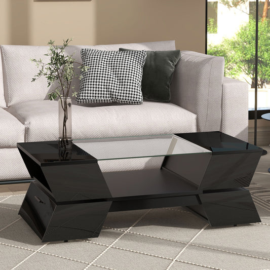 Glossy black coffee table with glass top and modern geometric design