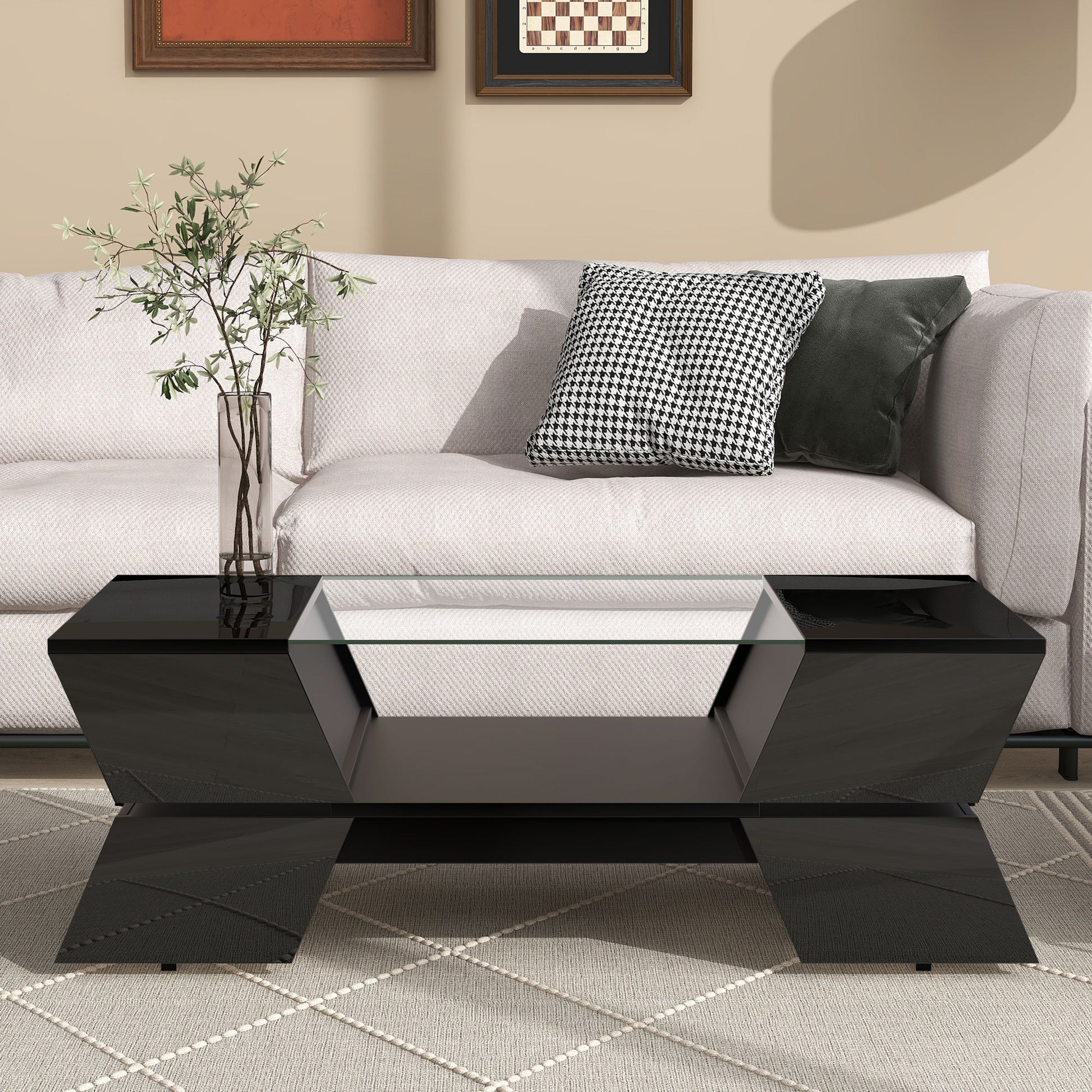 Sleek black coffee table with glass top and geometric base perfect for modern living rooms