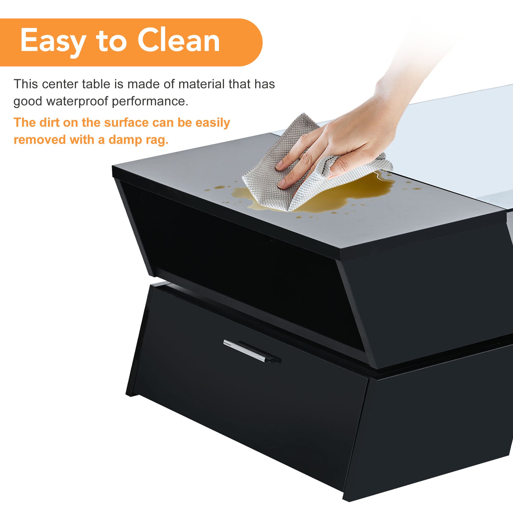 Modern black center table with a glossy finish being wiped clean