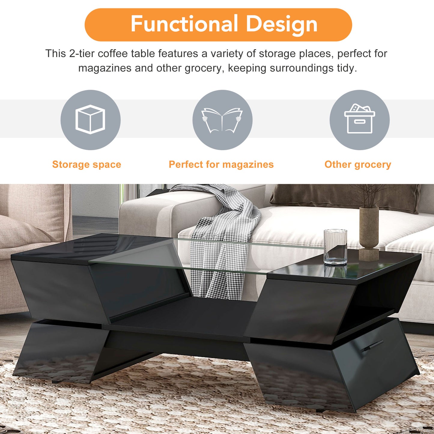 Modern black tier coffee table with glass top and storage