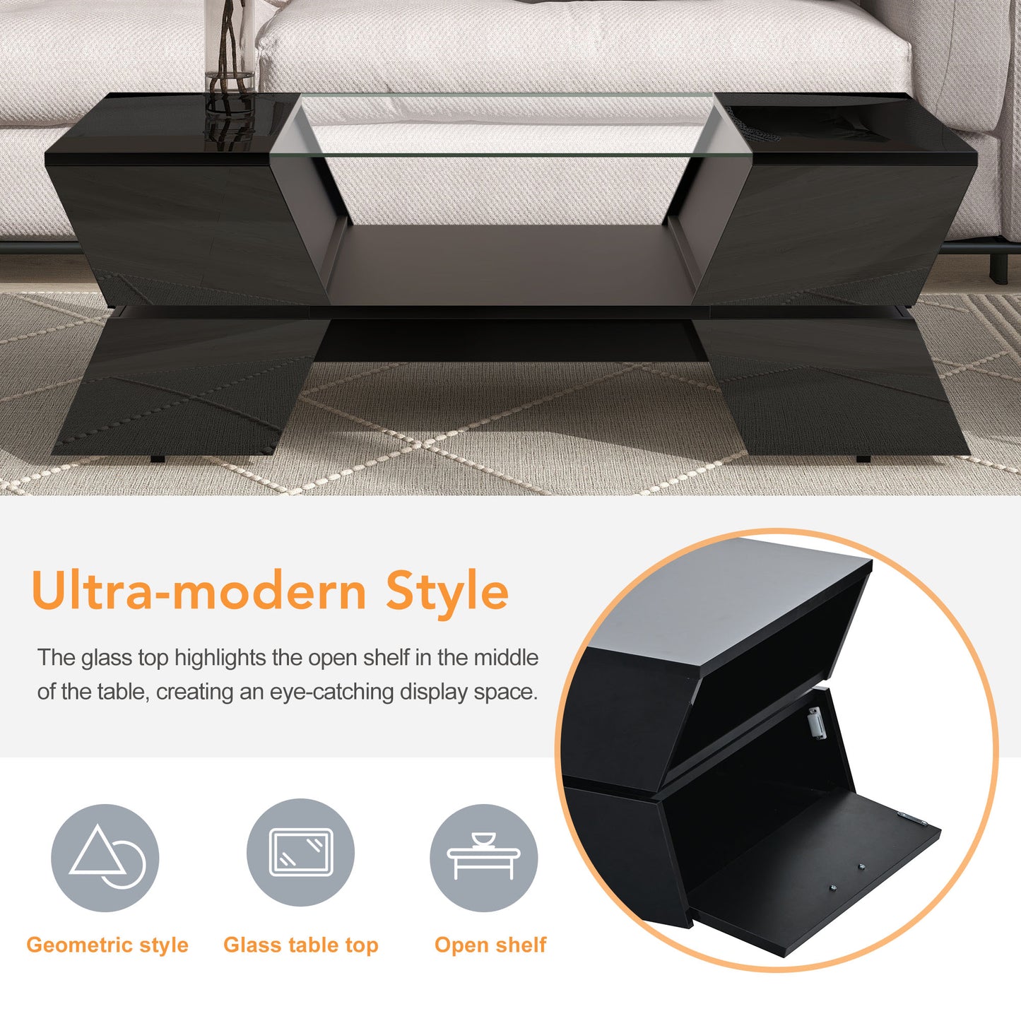 Black high gloss coffee table with glass top and open shelf for living rooms