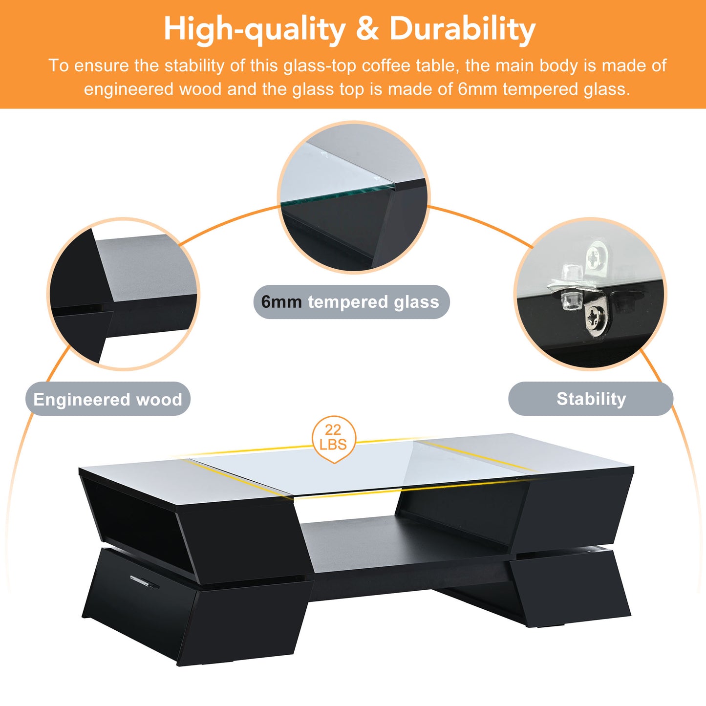 Sleek black engineered wood coffee table with a mm tempered glass top featuring open shelving and a drawer
