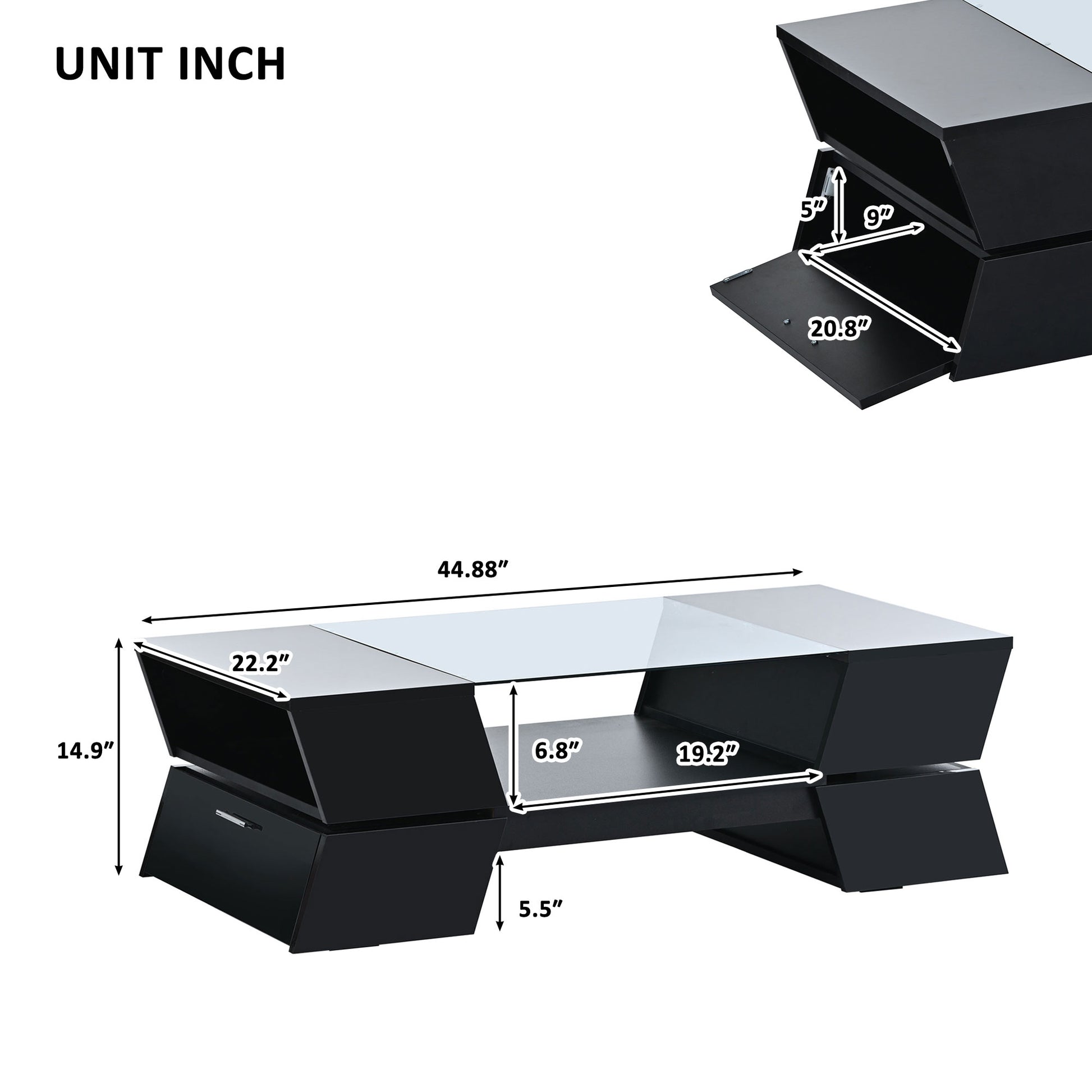 Modern black coffee table with glass top and storage drawer  long