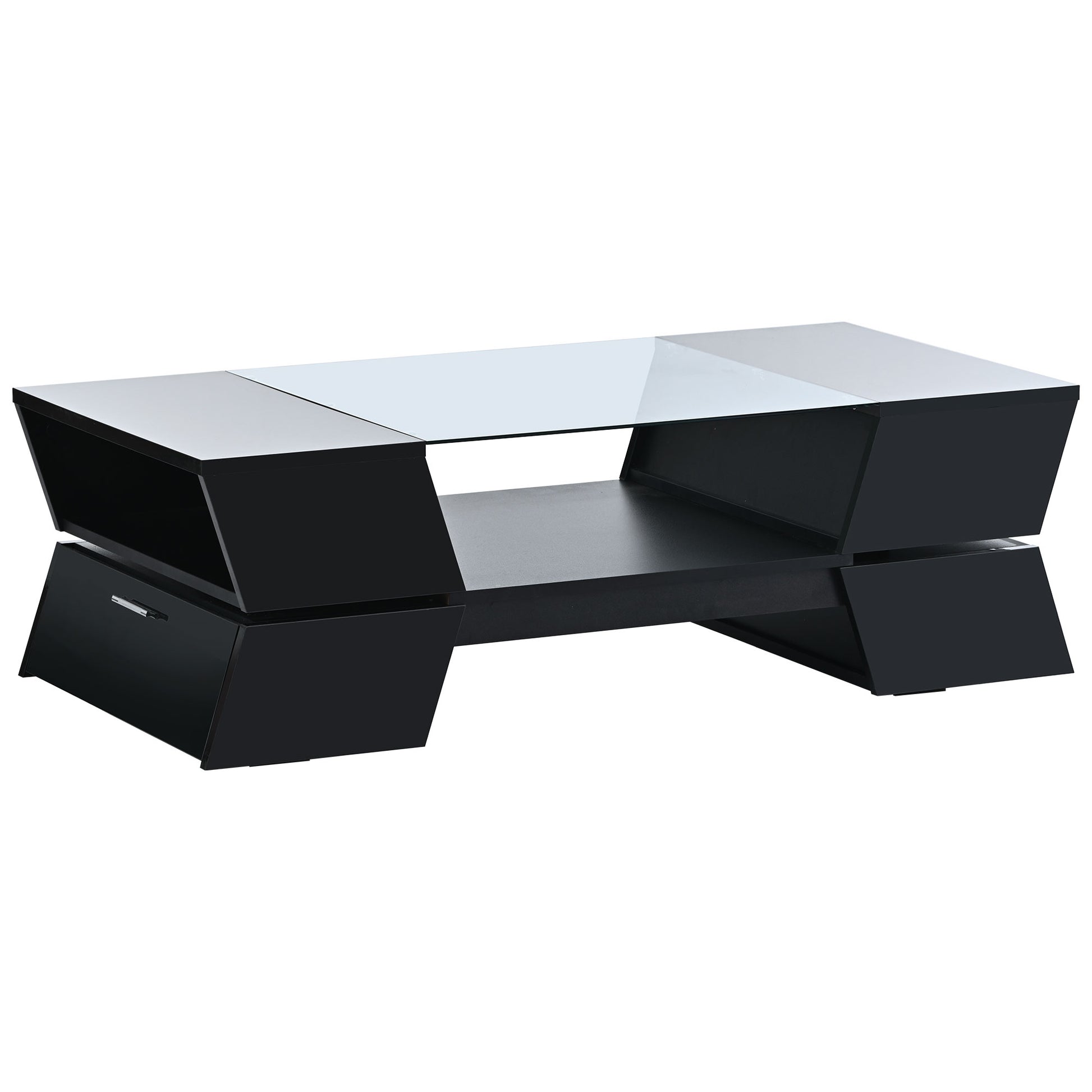Black modern coffee table with glass top and builtin drawer