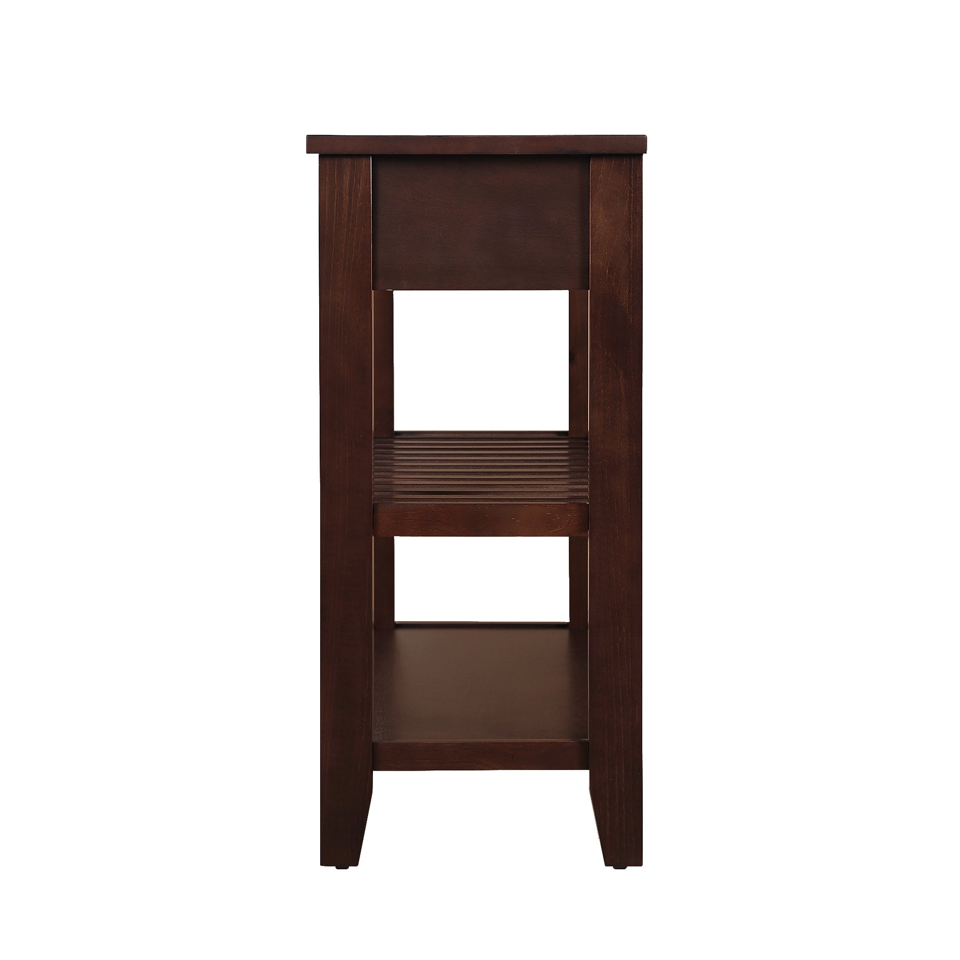 Dark brown wooden end table with one drawer and two open shelves for storage
