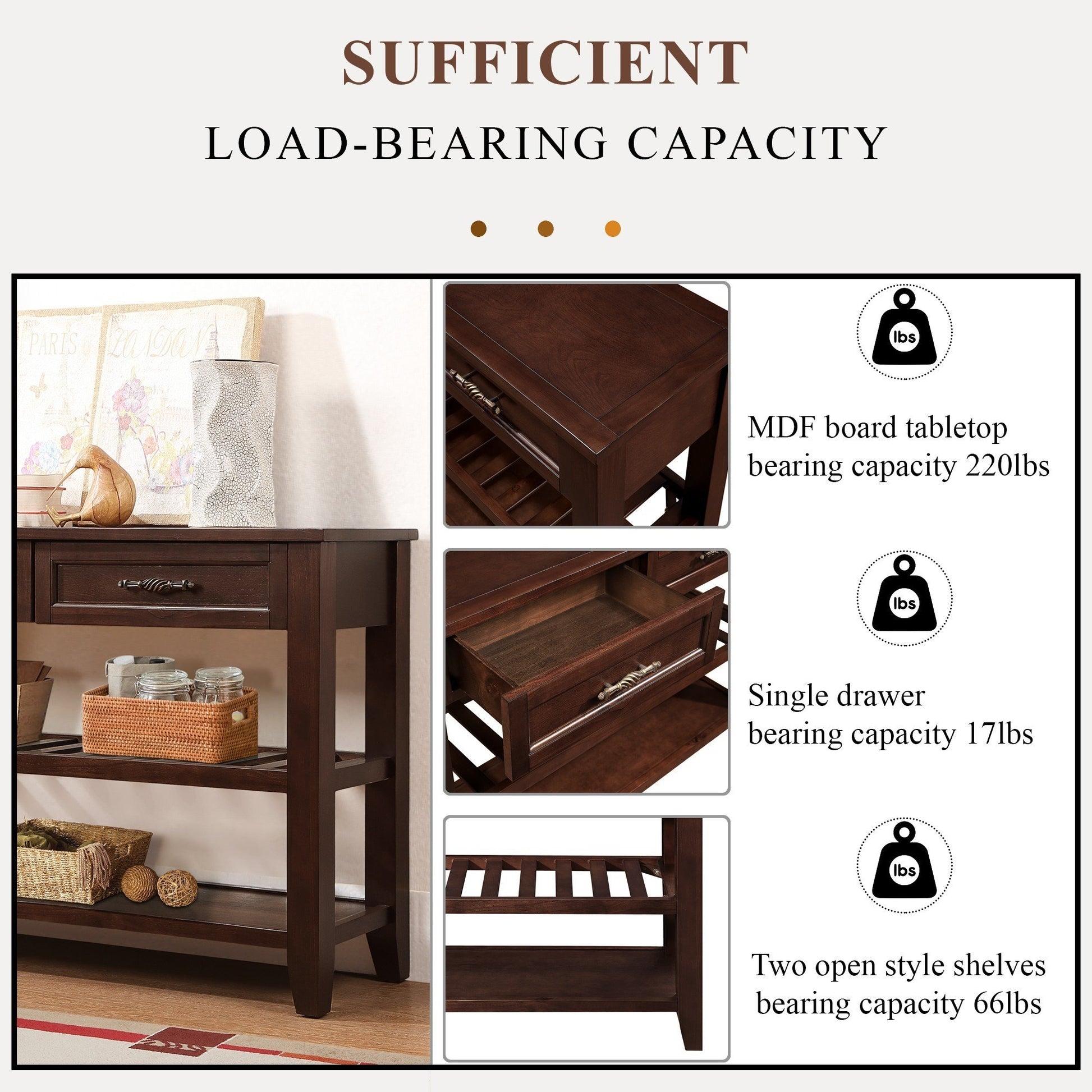 Dark wood console table with ornate drawer pulls and tiered shelves