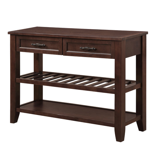 Dark brown wooden console table with two drawers and slatted shelf