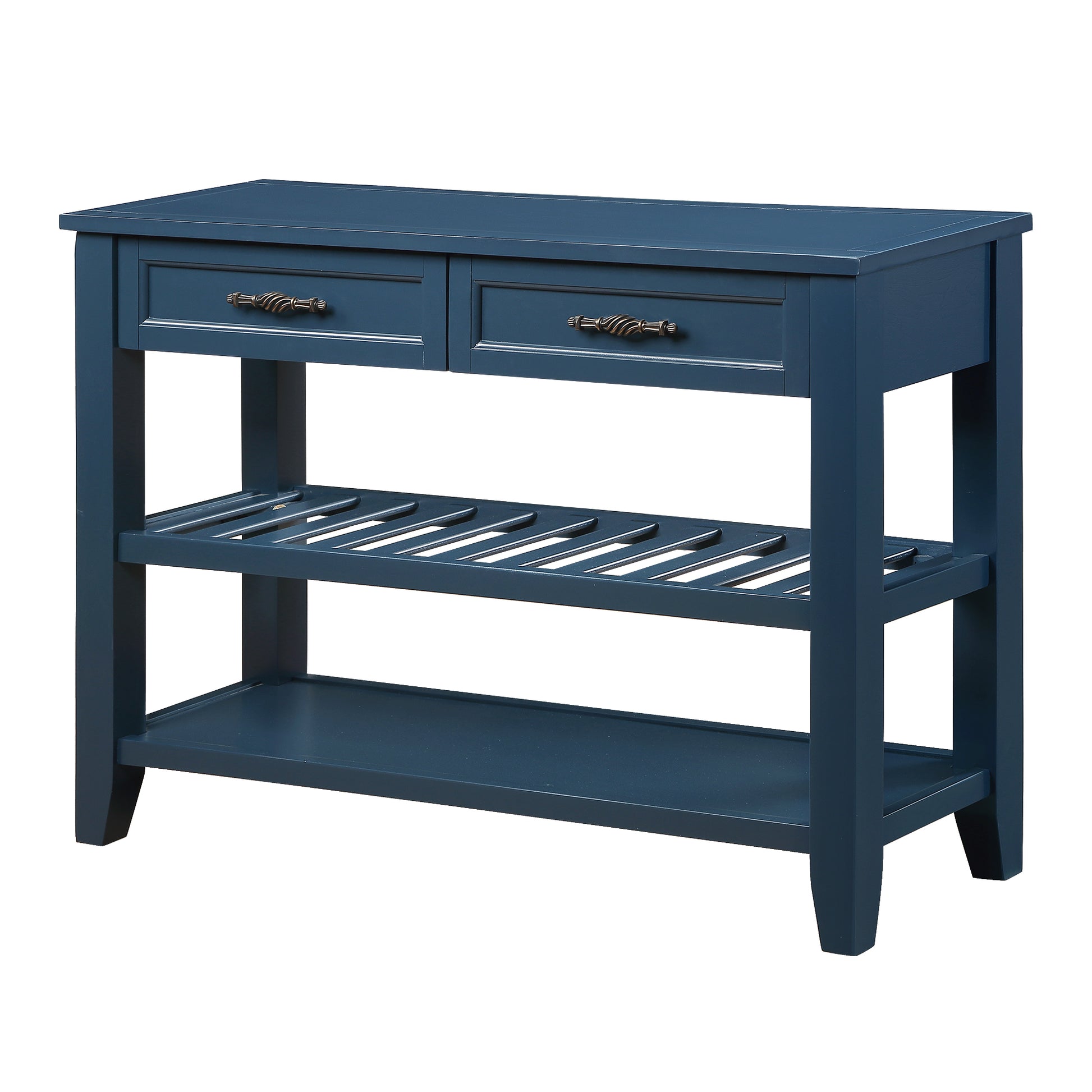 Dark blue wooden console table with two drawers and slatted shelf