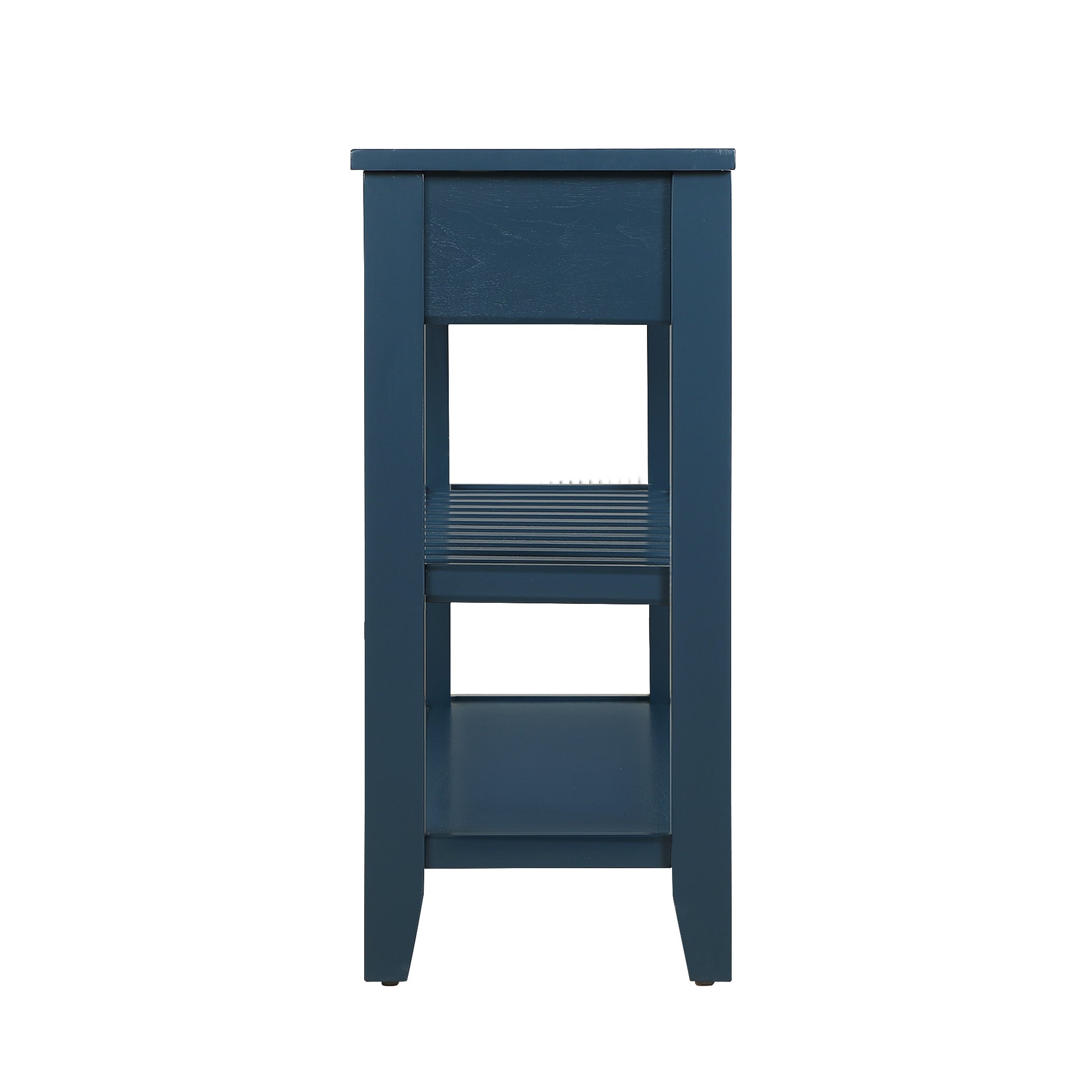 Navy blue wooden side table with one drawer and two open shelves