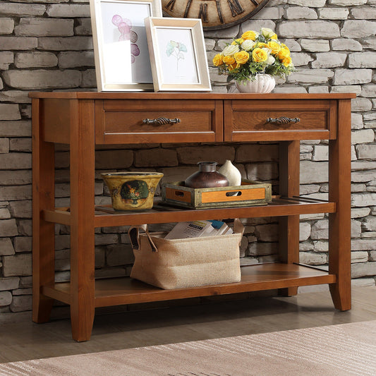 Rich brown wood console table with two drawers and open shelves featuring decorative handles