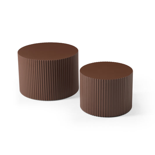 Two fluted brown cylindrical ottomans a larger and smaller side table