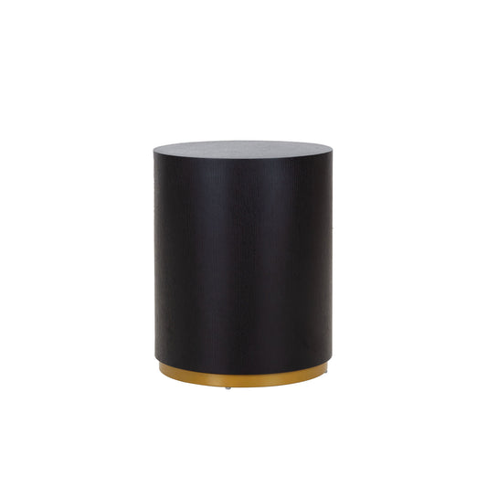 Dark oak cylinder side table with a brushed gold base