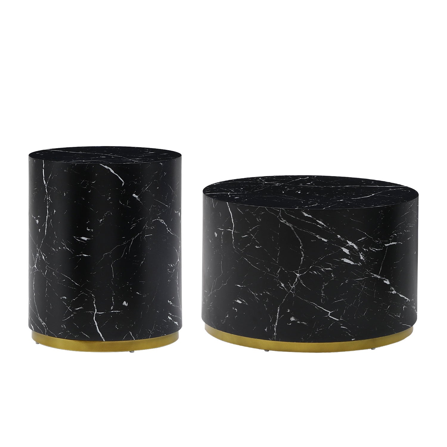 Set of two black marble cylindrical side tables with gold bases