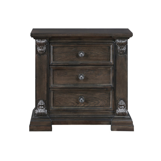 Dark wood nightstand with three drawers and ornate carved details