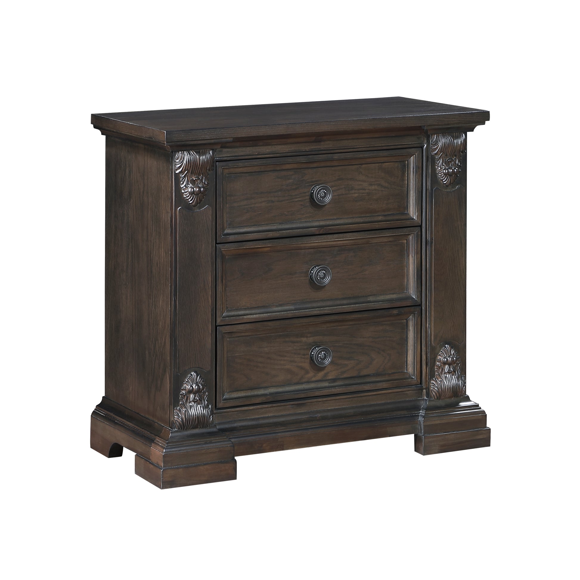 Dark brown wood nightstand with three drawers and ornate carvings