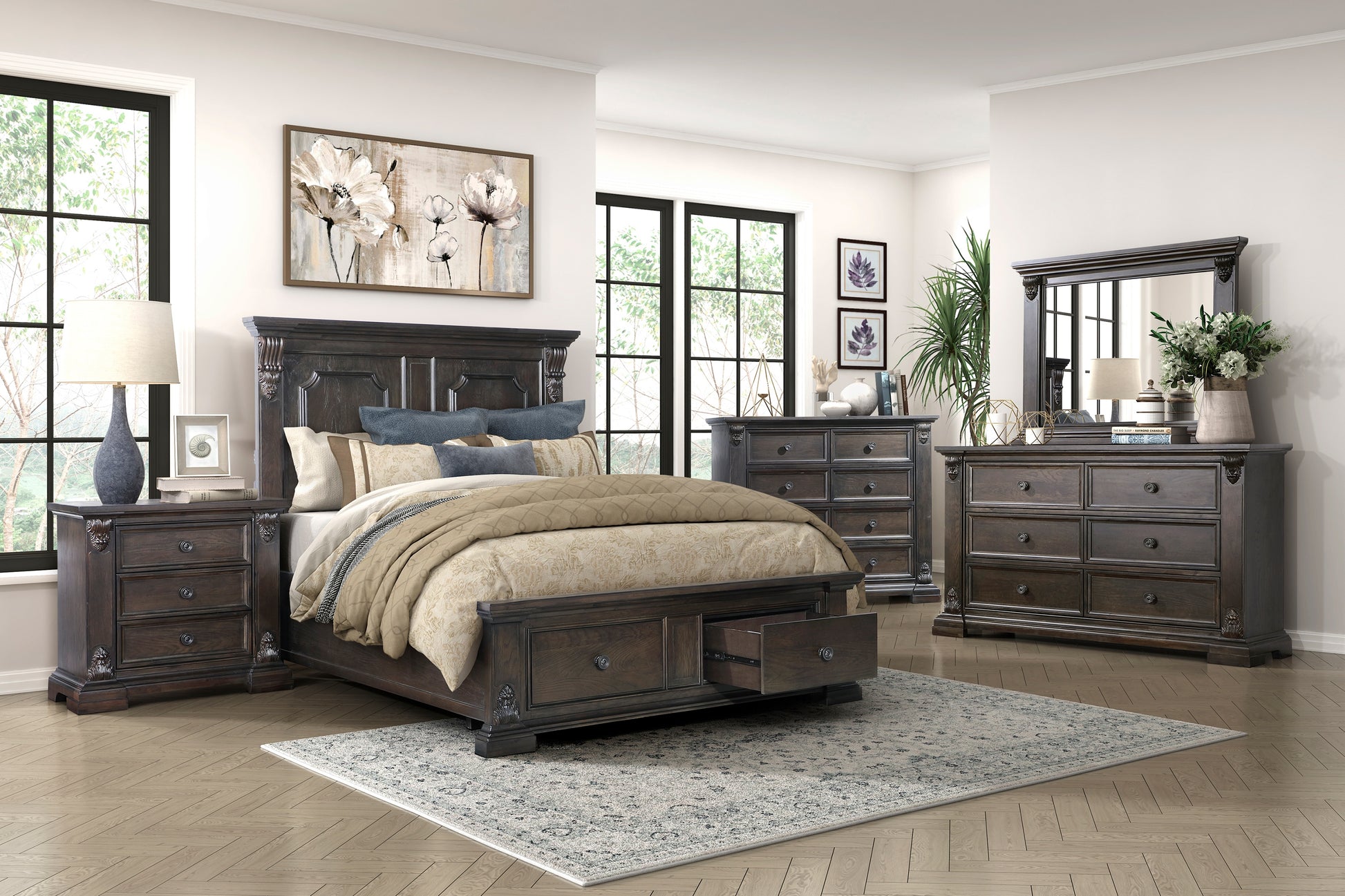 Dark wood ornate kingsize bed with storage drawers and plush bedding