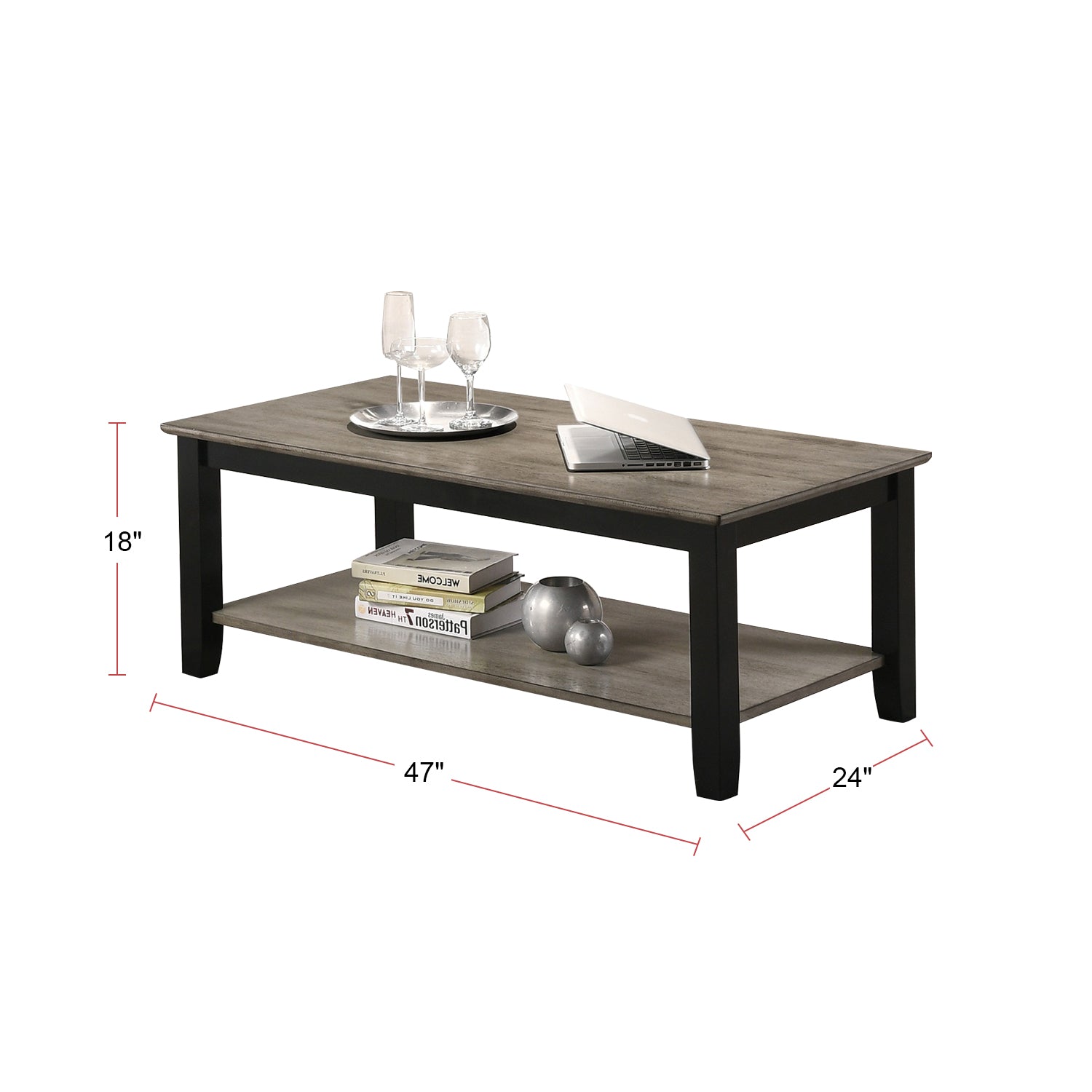 Rustic grey wood coffee table with black legs and lower shelf for books