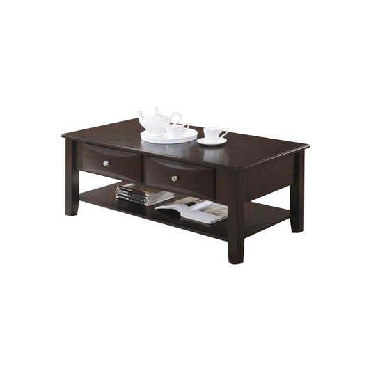 Dark brown wooden coffee table with two drawers and open shelf storage