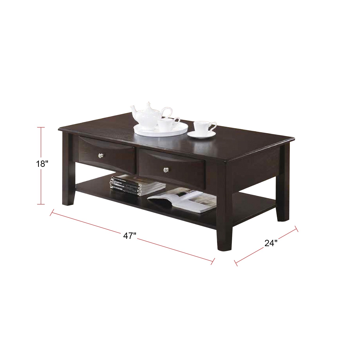 Dark brown wooden coffee table with two drawers and a lower shelf for storage