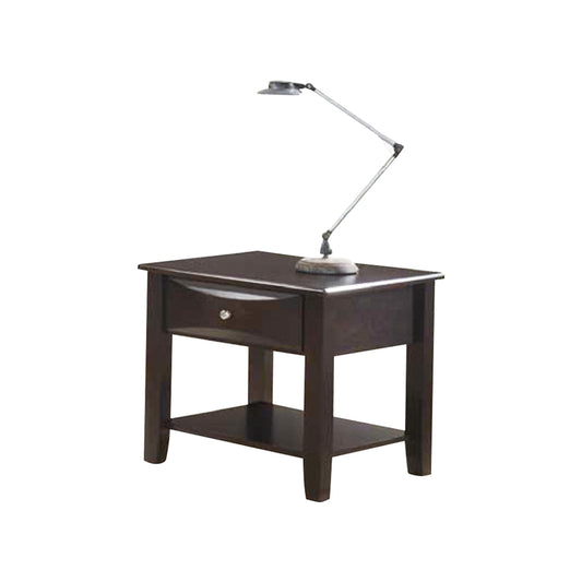 Dark wood end table with one drawer and open shelf featuring an adjustable desk lamp