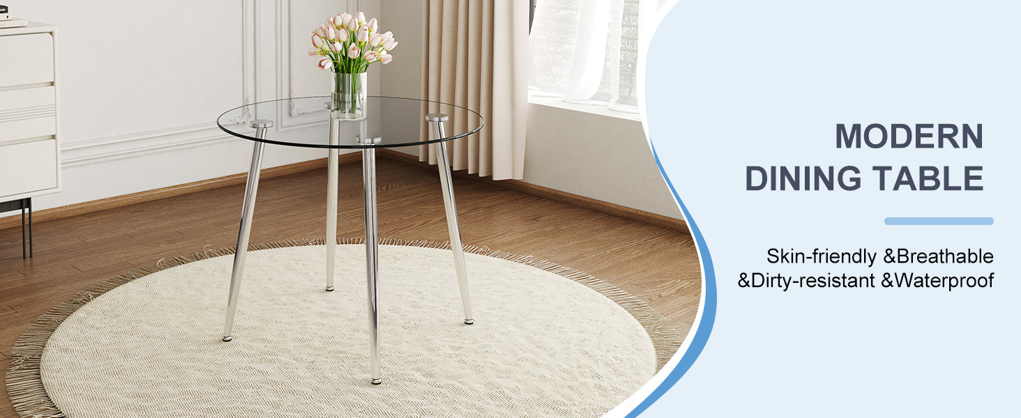 Clear glass round dining table with chrome legs