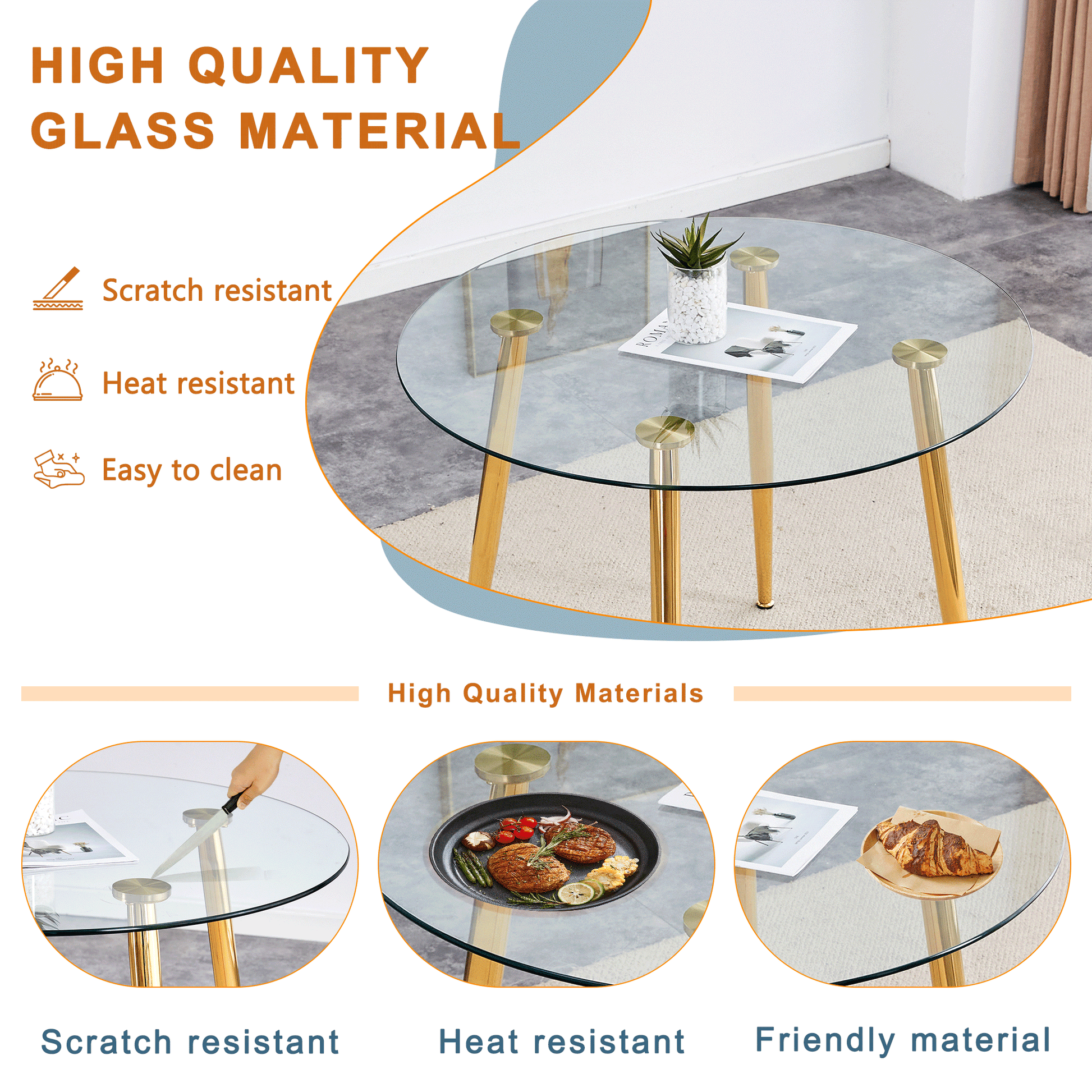 Round glass coffee table with gold legs