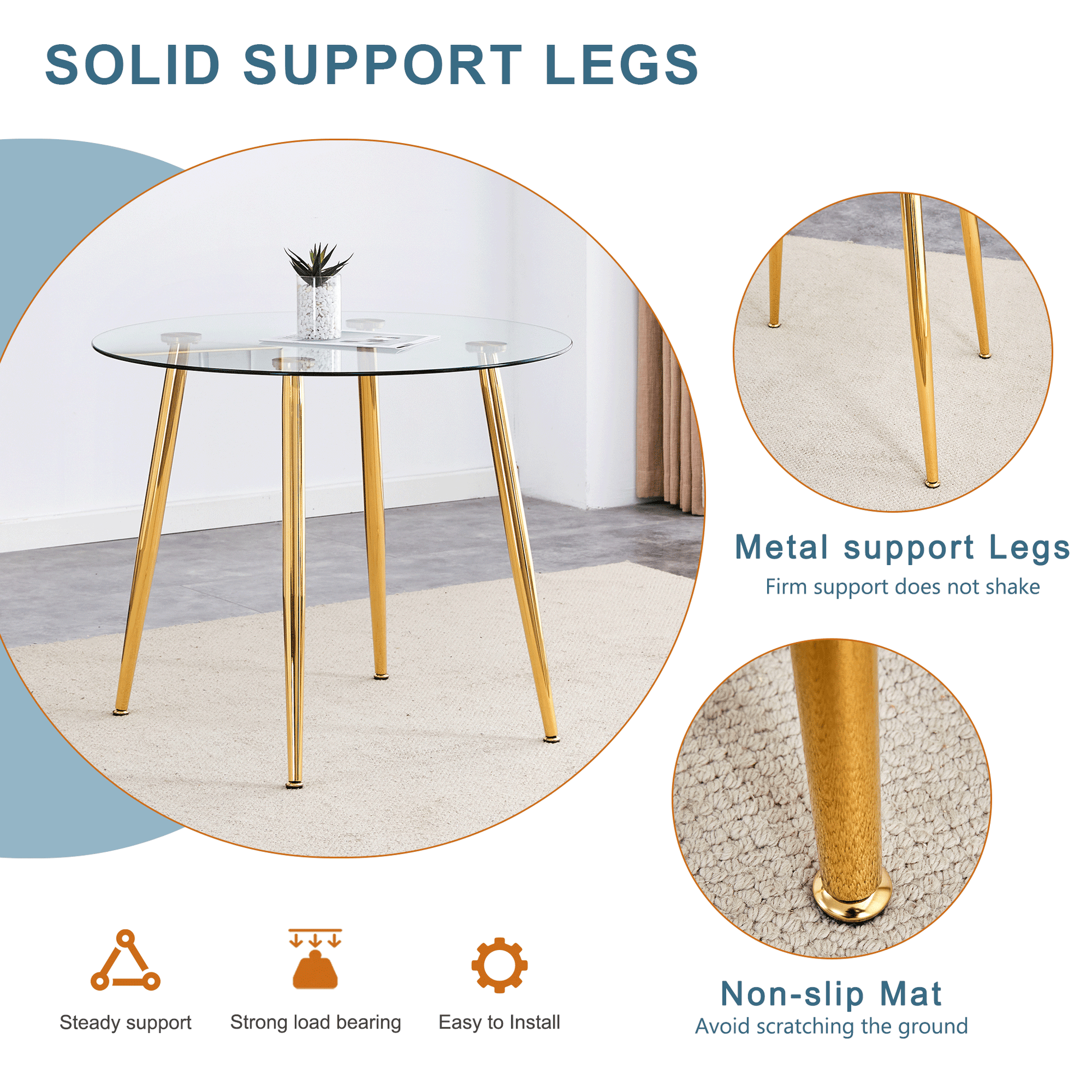 Round glass tabletop with gold metal support legs