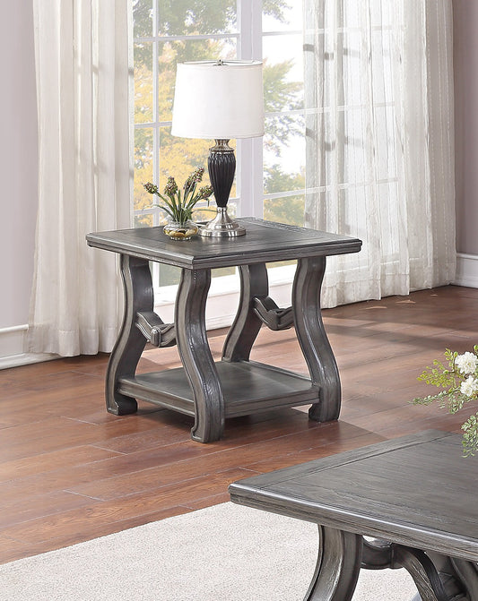 Dark grey wooden end table with ornate legs and lower shelf ideal for living rooms