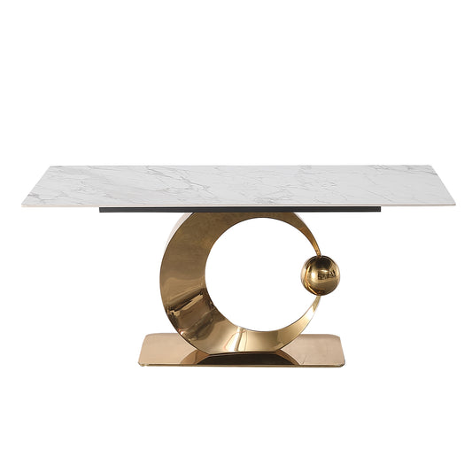 Modern marble top dining table with unique gold crescent base and sphere accent