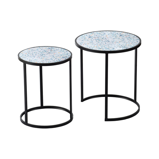 Set of two round terrazzo accent tables with black metal frames perfect for modern decor