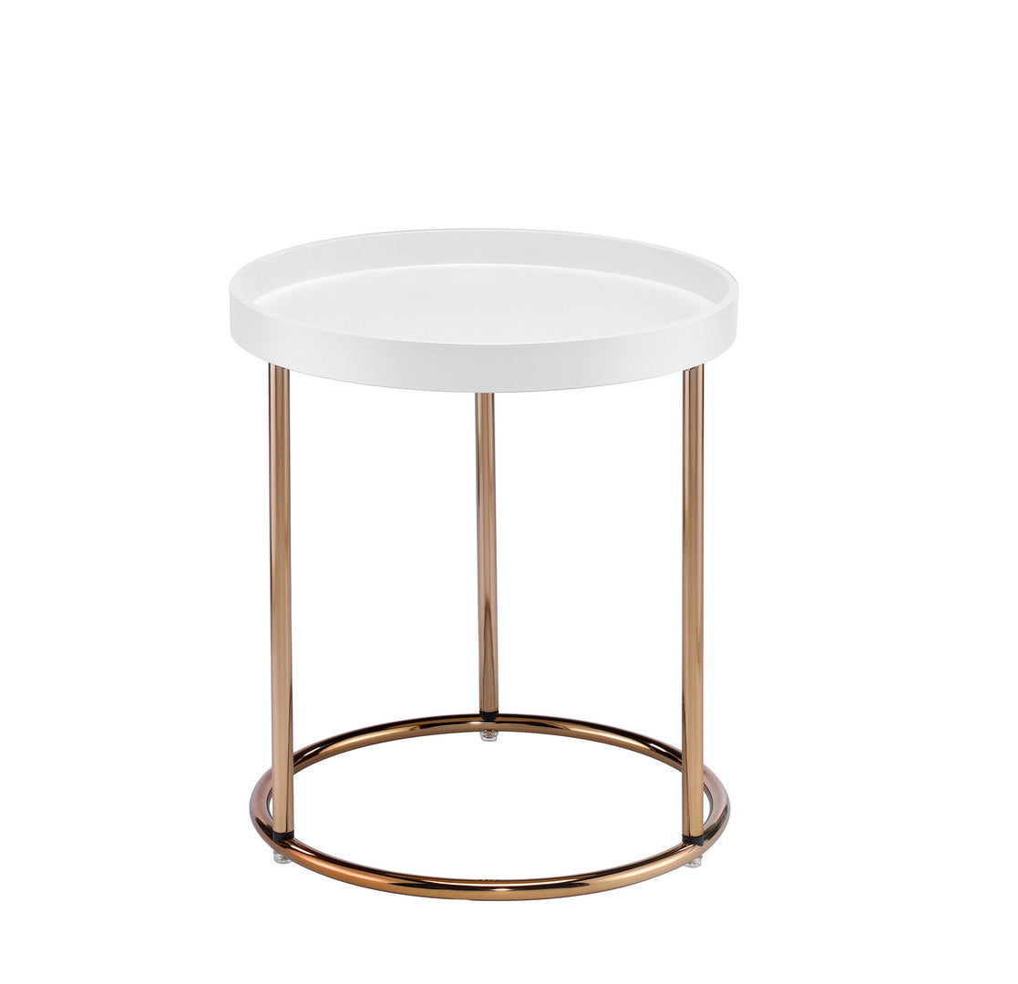 White round side table with gold metal frame and legs
