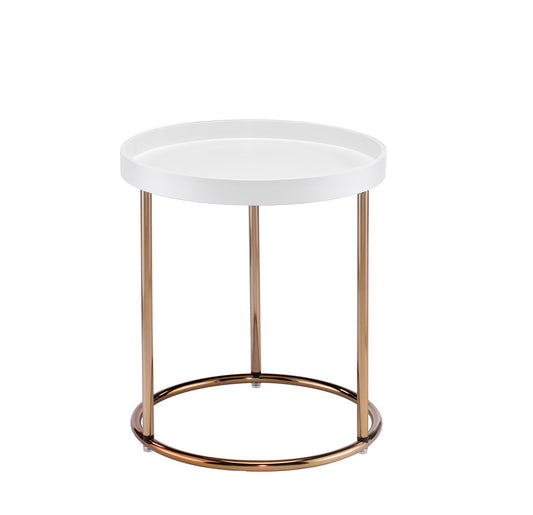 White round side table with gold metal frame and legs