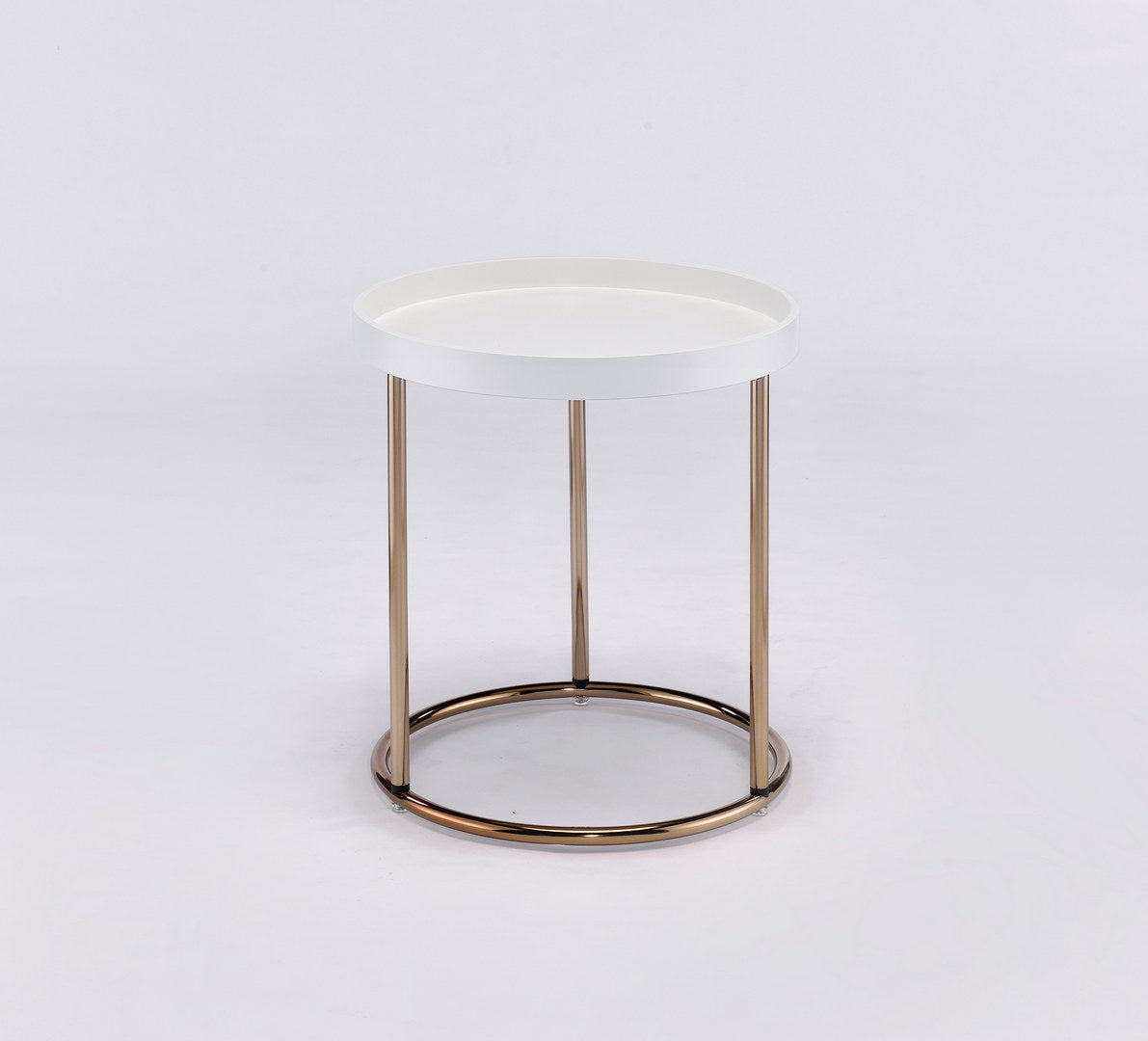 Modern white round side table with gold metal legs and base perfect for living rooms