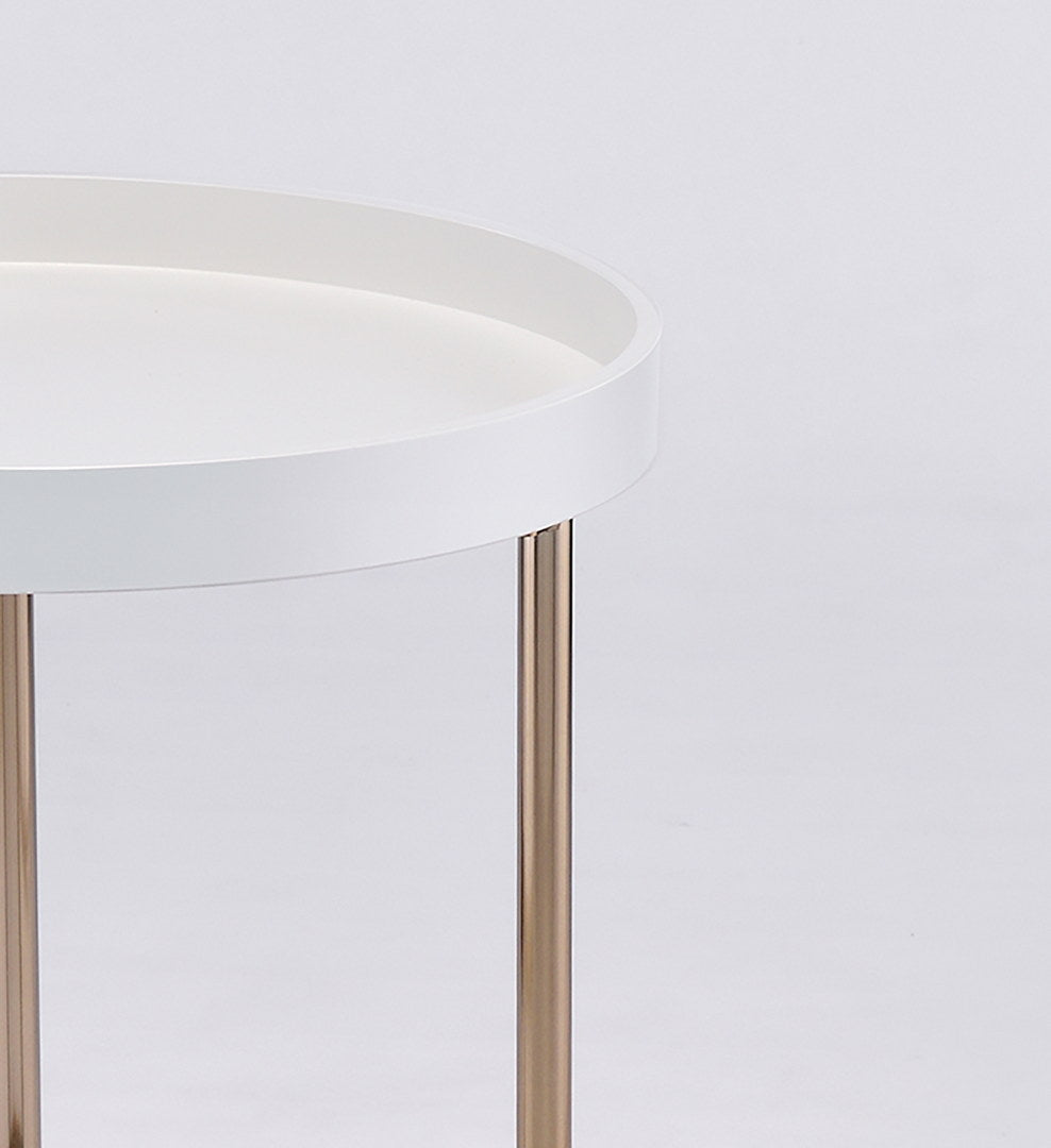 Elegant white side table with gold metal legs perfect for modern living rooms