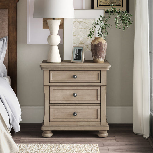 Rustic oak drawer nightstand with antique brass hardware