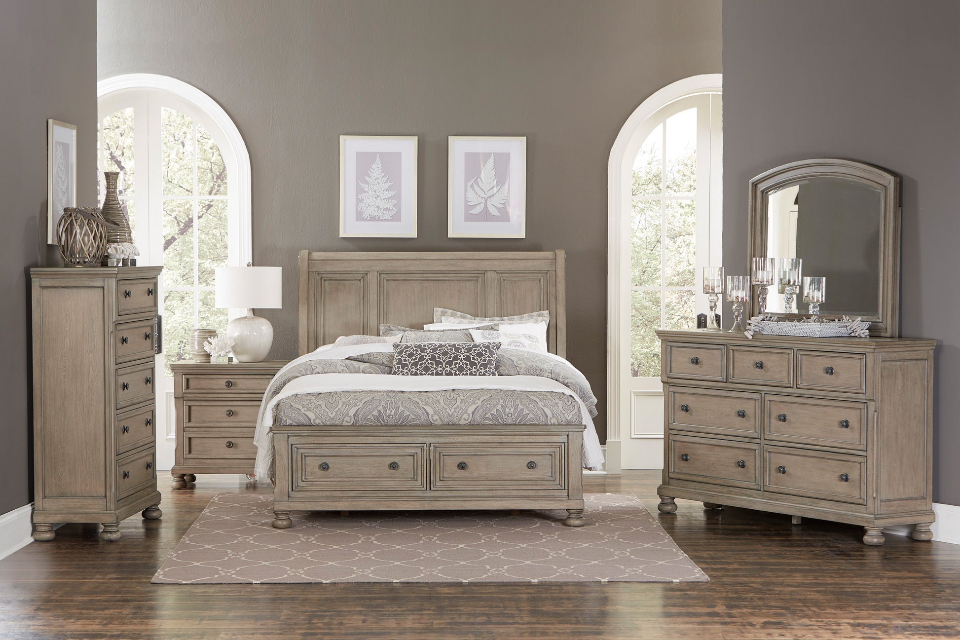 Rustic oak wood king bed frame with storage drawers
