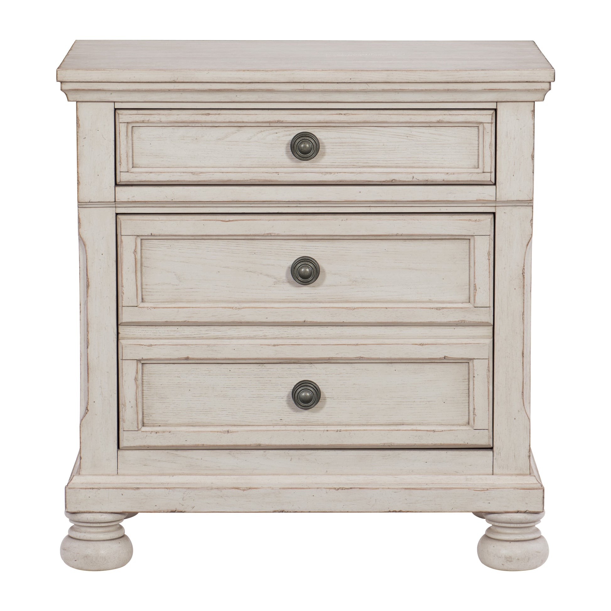 Distressed white wood nightstand with three drawers and antique bronze hardware